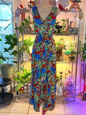 Nicole Miller Sz XL Vibrant Multicolor Leaf-Print V-Neck Womens Dress
